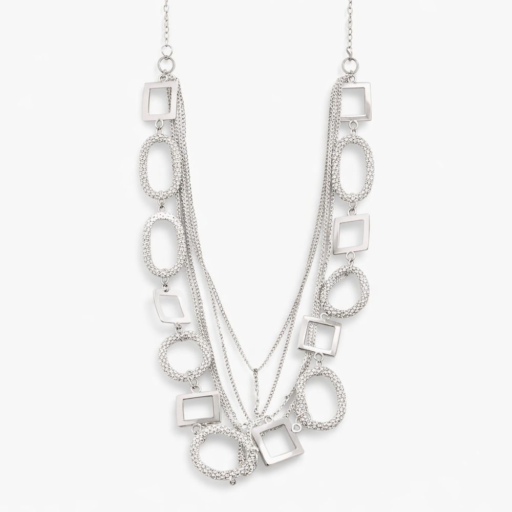 Silver Tone Geometric Statement Necklace Long Layered Chain Modern Fashion Jewel